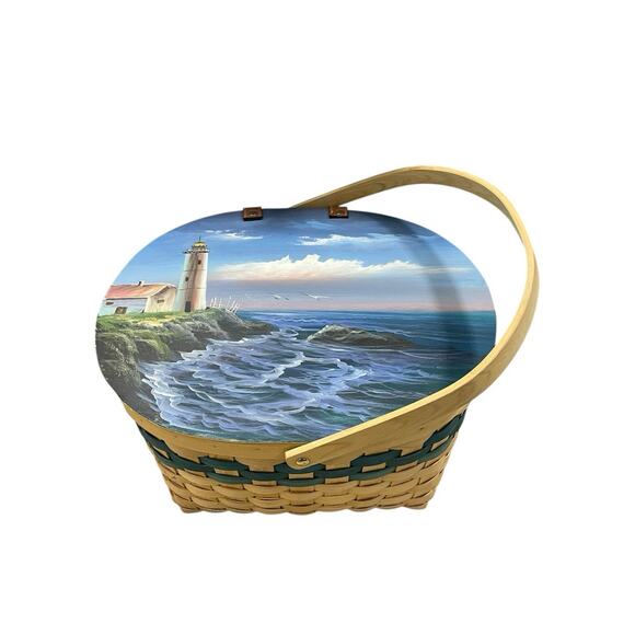 Wooden Woven Wicker Picnic Basket With Beautiful Hand Painted Sea Scape - Picture 1 of 12